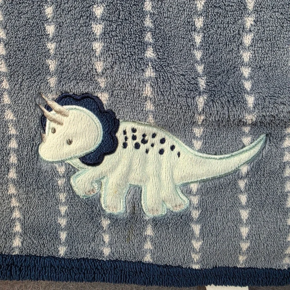 Parent's Choice Dinosaur Baby Blanket Blue White Stripe Triceratops Applique